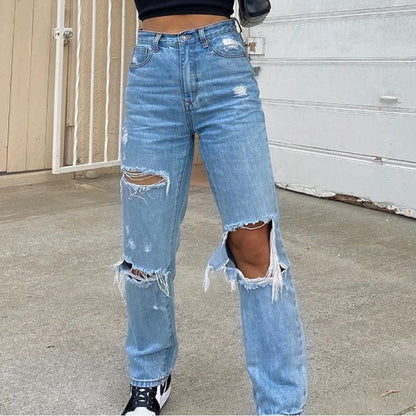 High Waist Straight Women's Ripped Jeans.