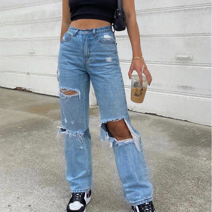 High Waist Straight Women's Ripped Jeans.